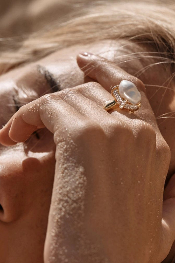 Neema Ring by Amber Sceats, pearl and crystal gold ring, perfect for elevated occasion or everyday styling