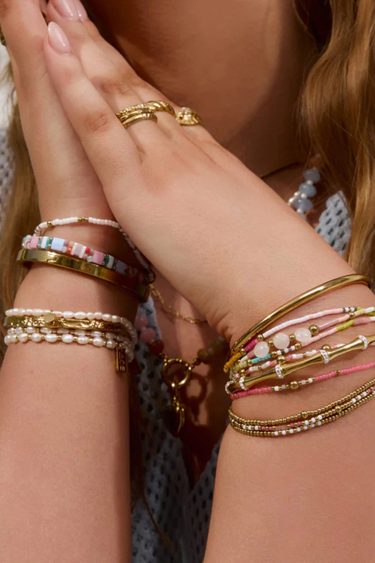 Nellie Bracelet Bubblegum by Arms of Eve, vibrant beaded bracelet featuring pink, white, and gold tones for a playful, stackable everyday look.