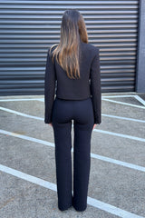 Neoprene Wide Leg Pant Black by Commando, luxury Italian neoprene with smoothing waistband, light compression, and flared silhouette for casual or polished looks.