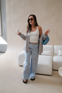 Nessa Stripe Pant Choc Blue by Sneaky Link – a relaxed cotton pant with stripe design and soft feel. Perfect for easy styling.