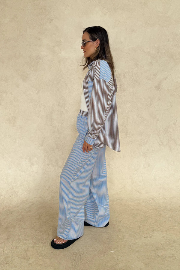 Nessa Stripe Pant Choc Blue by Sneaky Link – a relaxed cotton pant with stripe design and soft feel. Perfect for easy styling.