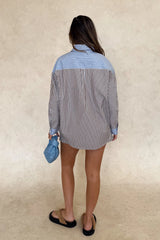 Nessa Stripe Shirt Choc Blue by Sneaky Link – a relaxed cotton shirt with collar and pocket. Perfect for beach or everyday styling.