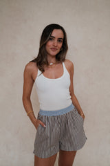 Nessa Stripe Short Choc Blue by Sneaky Link – a relaxed cotton short with stripe design. Perfect for beach or summer styling.