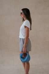Nessa Stripe Short Choc Blue by Sneaky Link – a relaxed cotton short with stripe design. Perfect for beach or summer styling.