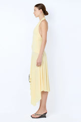 Nessie Halter Dress by Bec + Bridge in yellow stretch jersey with halter neckline, low back, and asymmetric midi hem.
