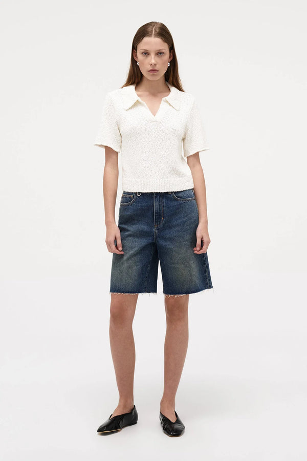 Neuw Denim Cecil Knit Polo in Espresso, cropped short sleeve knit tee with polo collar and ribbed hem finish.