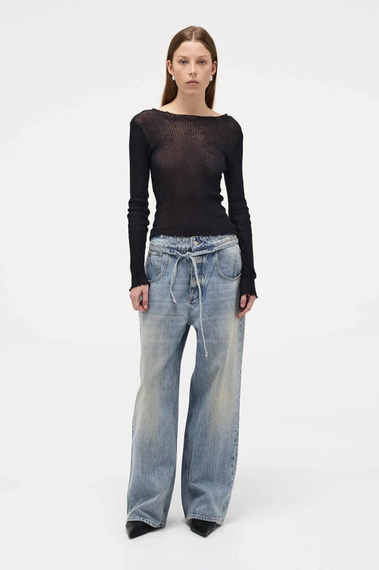 Neuw Denim Yoko Baggy Runway in light vintage indigo, wide-leg jeans with cinch waist feature and self-fabric belt.