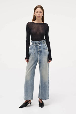 Neuw Denim Yoko Baggy Runway in light vintage indigo, wide-leg jeans with cinch waist feature and self-fabric belt.