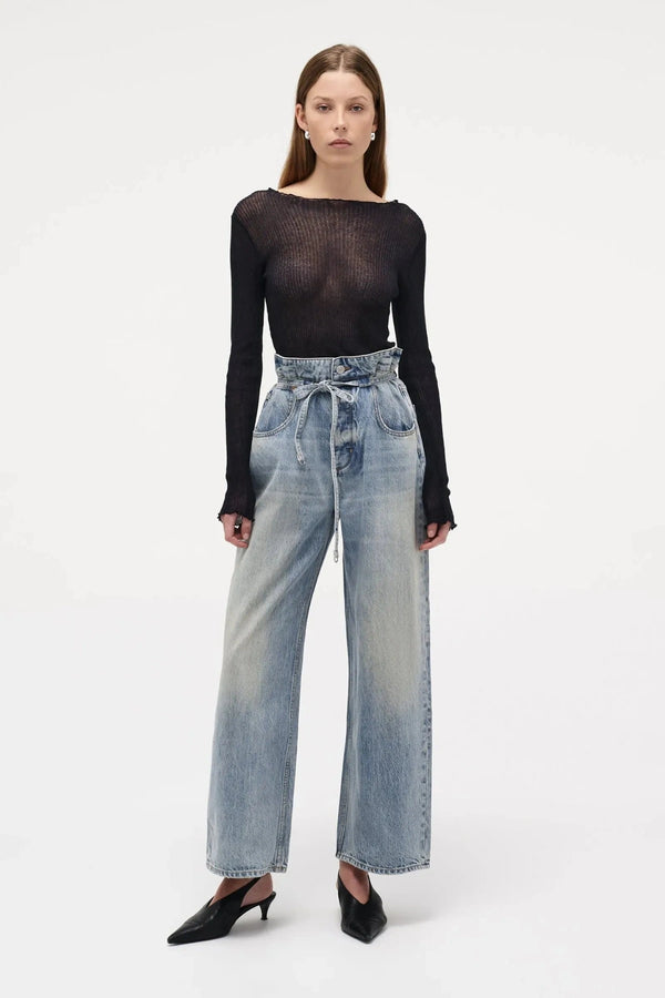Neuw Denim Yoko Baggy Runway in light vintage indigo, wide-leg jeans with cinch waist feature and self-fabric belt.