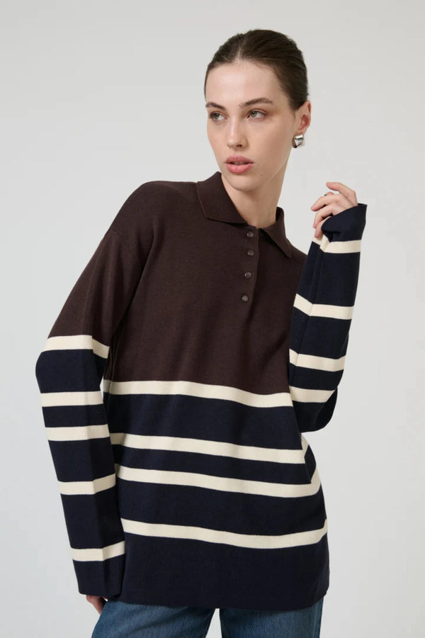 New Aroa Top Chocolate Stripe by Onte – relaxed striped polo knit in soft cotton Tencel blend with snap buttons.