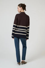 New Aroa Top Chocolate Stripe by Onte – relaxed striped polo knit in soft cotton Tencel blend with snap buttons.