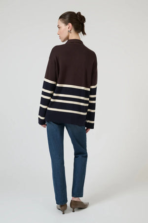New Aroa Top Chocolate Stripe by Onte – relaxed striped polo knit in soft cotton Tencel blend with snap buttons.