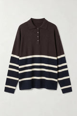 New Aroa Top Chocolate Stripe by Onte – relaxed striped polo knit in soft cotton Tencel blend with snap buttons.