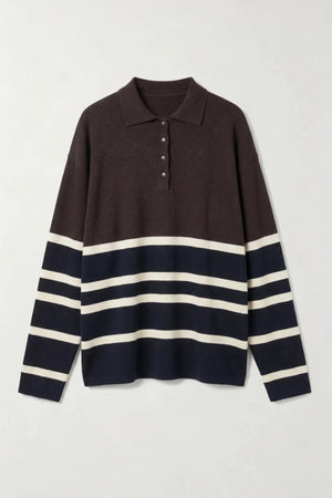 New Aroa Top Chocolate Stripe by Onte – relaxed striped polo knit in soft cotton Tencel blend with snap buttons.