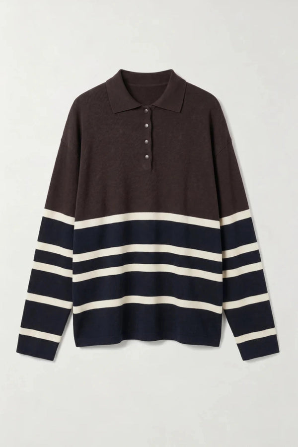 New Aroa Top Chocolate Stripe by Onte – relaxed striped polo knit in soft cotton Tencel blend with snap buttons.