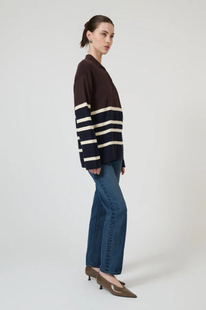 New Aroa Top Chocolate Stripe by Onte – relaxed striped polo knit in soft cotton Tencel blend with snap buttons.