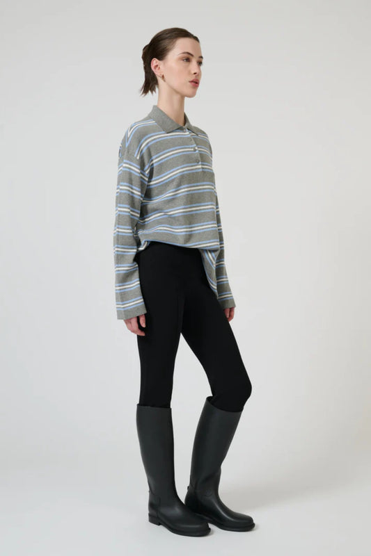 New Aroa Top Grey Stripe by Onte - striped polo knit top with snap buttons, designed for a relaxed everyday look.