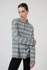 New Aroa Top Grey Stripe by Onte - striped polo knit top with snap buttons, designed for a relaxed everyday look.