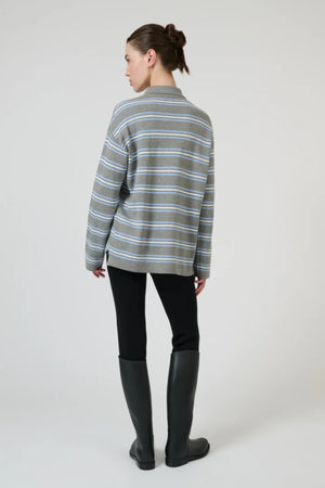 New Aroa Top Grey Stripe by Onte - striped polo knit top with snap buttons, designed for a relaxed everyday look.