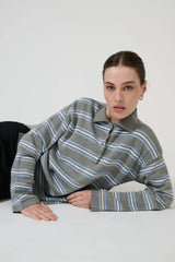 New Aroa Top Grey Stripe by Onte - striped polo knit top with snap buttons, designed for a relaxed everyday look.