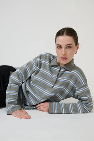 New Aroa Top Grey Stripe by Onte - striped polo knit top with snap buttons, designed for a relaxed everyday look.