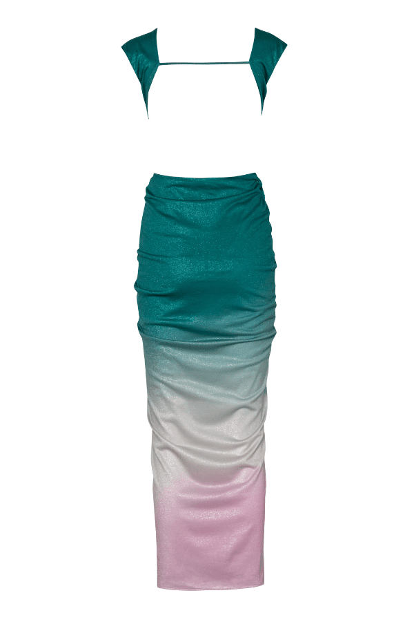 Nia Dress Mantis Green by Baobab – Trendy maxi with deep V-neck, open back, ruched shiny fabric, and side cutouts, perfect for making a bold, elegant statement at special events.