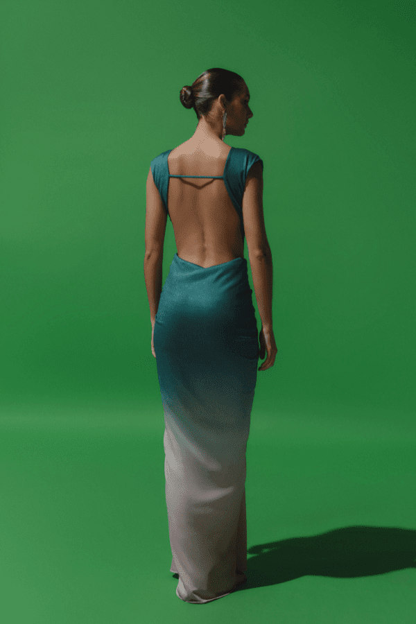 Nia Dress Mantis Green by Baobab – Trendy maxi with deep V-neck, open back, ruched shiny fabric, and side cutouts, perfect for making a bold, elegant statement at special events.