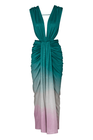 Nia Dress Mantis Green by Baobab – Trendy maxi with deep V-neck, open back, ruched shiny fabric, and side cutouts, perfect for making a bold, elegant statement at special events.