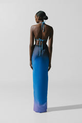 Nia Maxi Skirt Tramonto Blu by Baobab, sheer mesh maxi skirt with cascading detail and front slit
