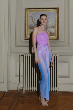 Nia Maxi Skirt Berry by Baobab — Elegant sheer mesh maxi skirt with cascading ruches, front slit, and elastic waistband for a flattering, airy fit.