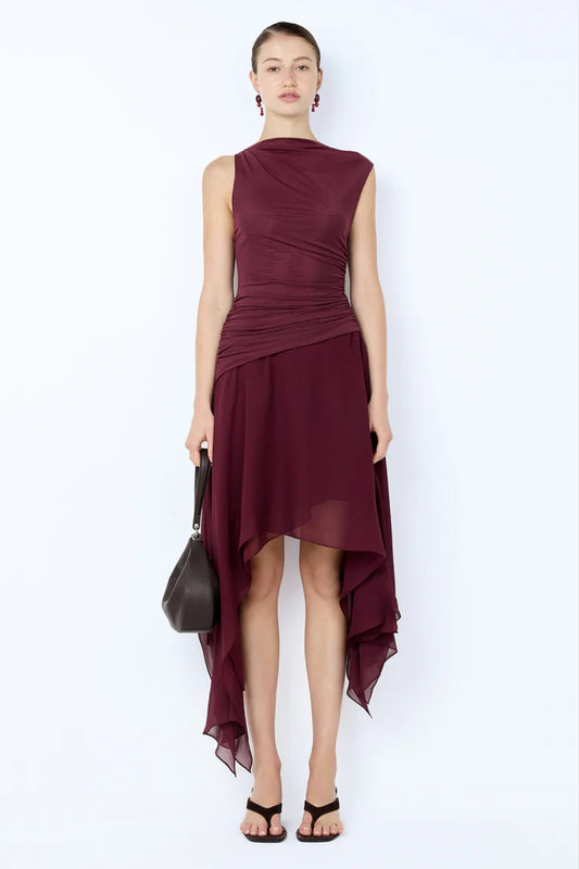 Nico Asym Midi Dress in Blackberry by Bec + Bridge – asymmetric mesh bodice midi dress with gathered georgette skirt.