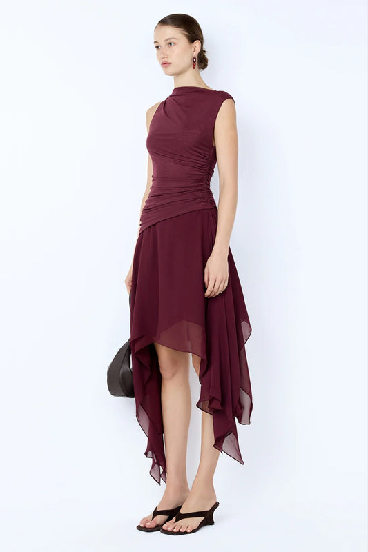 Nico Asym Midi Dress in Blackberry by Bec + Bridge – asymmetric mesh bodice midi dress with gathered georgette skirt.
