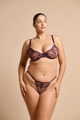 Kat the Label Nicolette Thong in Raisin, sheer lace front with intricate detailing, stretch mesh back, adjustable straps, and cotton gusset for all-day comfort.