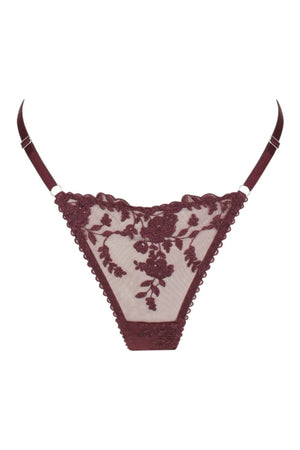 Kat the Label Nicolette Thong in Raisin, sheer lace front with intricate detailing, stretch mesh back, adjustable straps, and cotton gusset for all-day comfort.