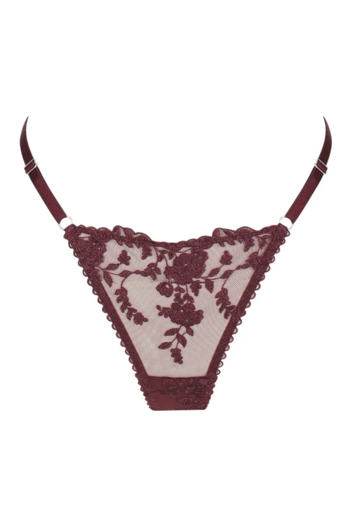 Kat the Label Nicolette Thong in Raisin, sheer lace front with intricate detailing, stretch mesh back, adjustable straps, and cotton gusset for all-day comfort.