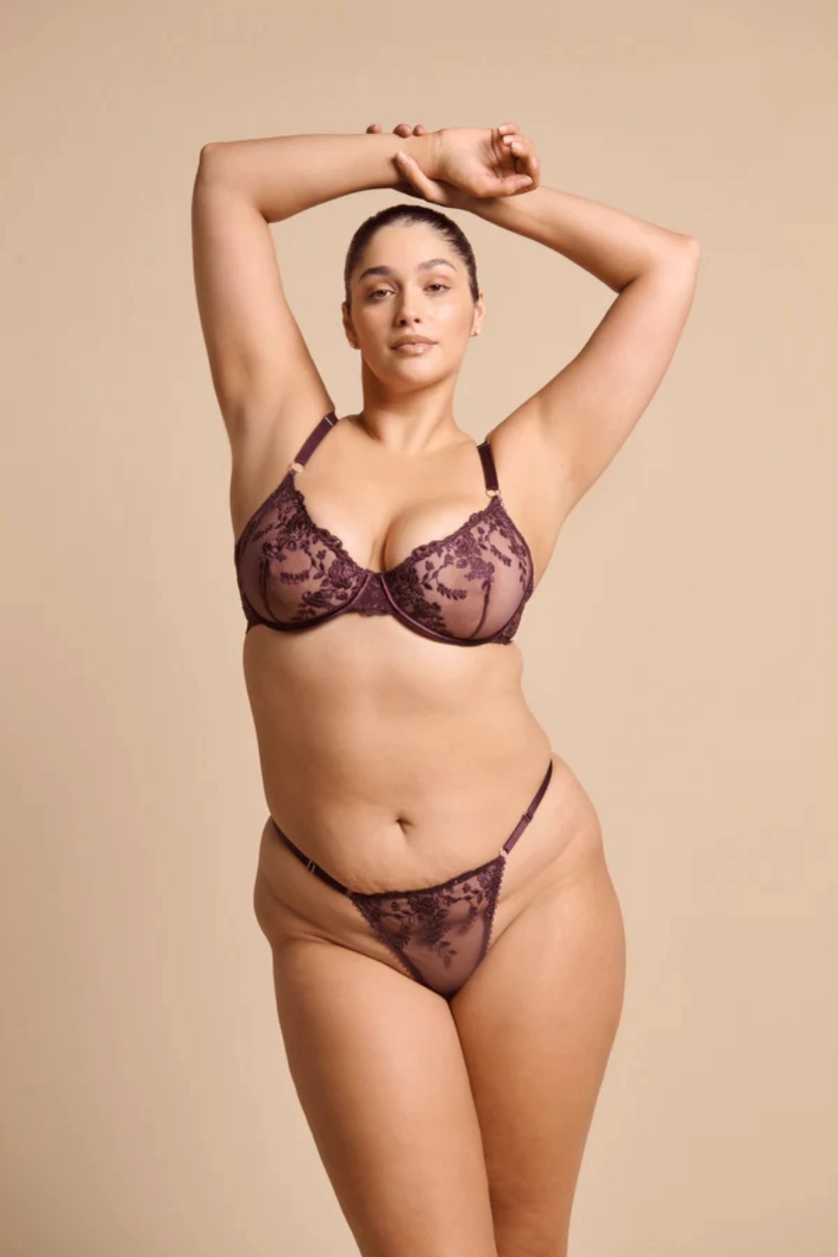 Introducing the Kat the Label Nicolette Underwire Bra in Raisin, scalloped sheer tulle lace cups with underwire support, stretch mesh back, and double straps for comfort and elegance.