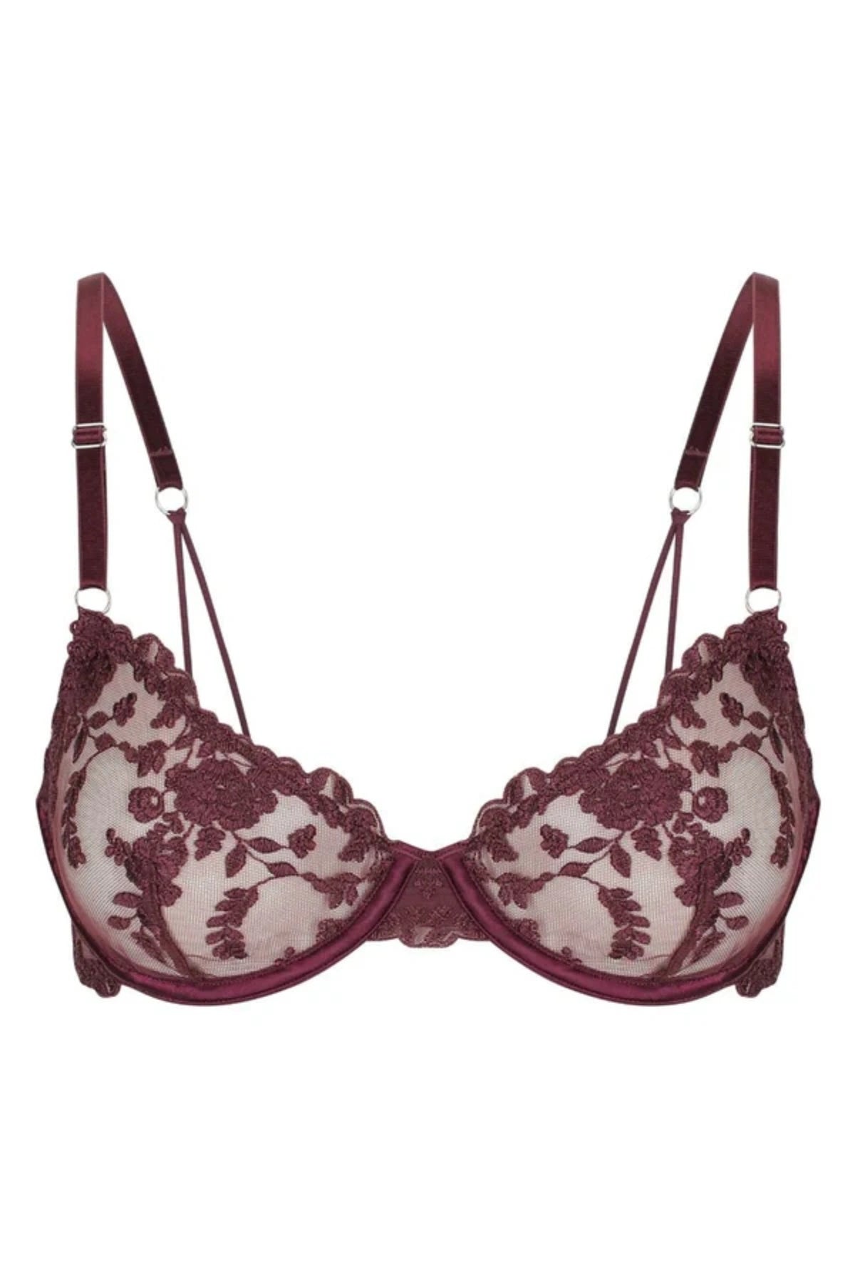 Introducing the Kat the Label Nicolette Underwire Bra in Raisin, scalloped sheer tulle lace cups with underwire support, stretch mesh back, and double straps for comfort and elegance.