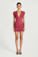 Noa Mini Dress Rose Wine by Benni – draped mesh mini dress with plunge neckline and semi sheer waist detail.