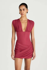 Noa Mini Dress Rose Wine by Benni – draped mesh mini dress with plunge neckline and semi sheer waist detail.