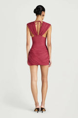 Noa Mini Dress Rose Wine by Benni – draped mesh mini dress with plunge neckline and semi sheer waist detail.
