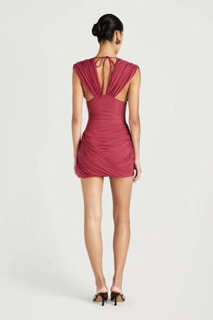 Noa Mini Dress Rose Wine by Benni – draped mesh mini dress with plunge neckline and semi sheer waist detail.
