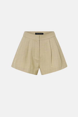 Noguchi Short by Camilla and Marc, tailored wheat suiting shorts with side splits and clean mid-rise fit for modern sets.