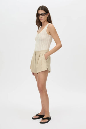 Noguchi Short by Camilla and Marc, tailored wheat suiting shorts with side splits and clean mid-rise fit for modern sets.