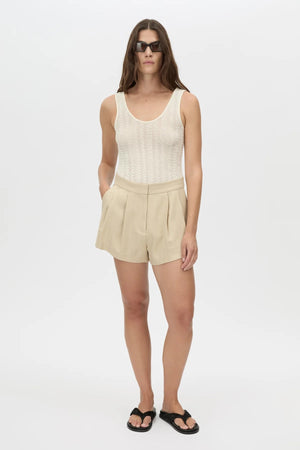Noguchi Short by Camilla and Marc, tailored wheat suiting shorts with side splits and clean mid-rise fit for modern sets.