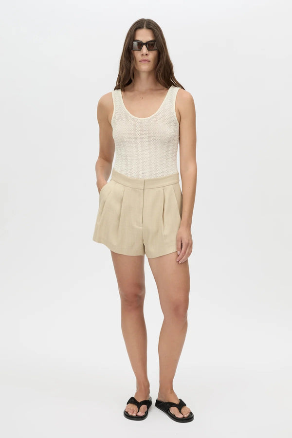 Noguchi Short by Camilla and Marc, tailored wheat suiting shorts with side splits and clean mid-rise fit for modern sets.