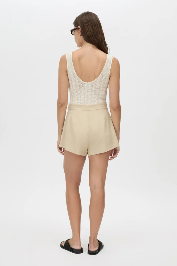 Noguchi Short by Camilla and Marc, tailored wheat suiting shorts with side splits and clean mid-rise fit for modern sets.