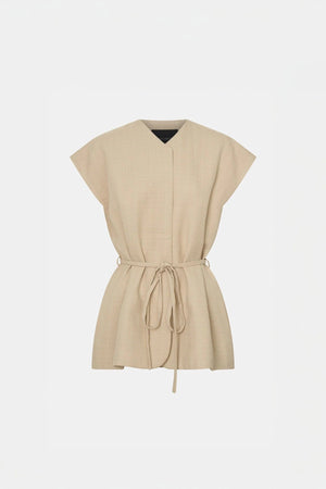 Noguchi Vest by Camilla and Marc, oversized belted vest with concealed buttons and clean tailoring for elevated modern layering.