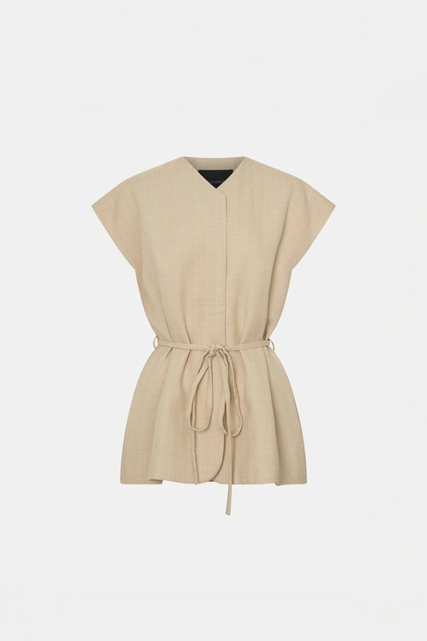 Noguchi Vest by Camilla and Marc, oversized belted vest with concealed buttons and clean tailoring for elevated modern layering.