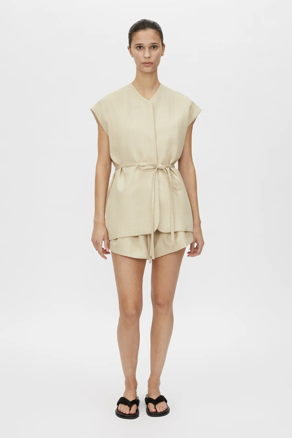 Noguchi Vest by Camilla and Marc, oversized belted vest with concealed buttons and clean tailoring for elevated modern layering.