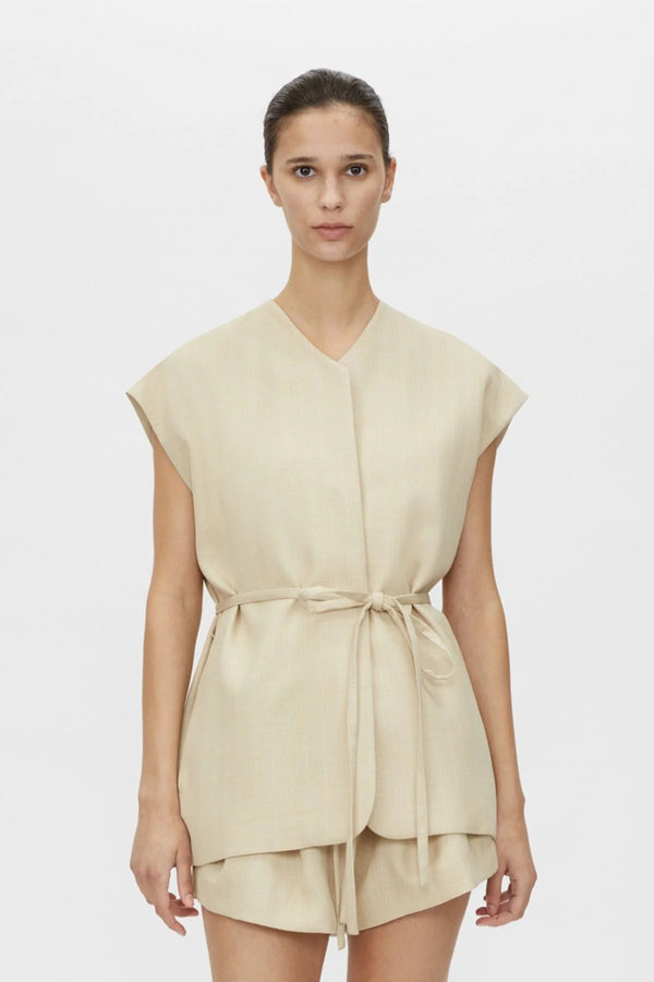 Noguchi Vest by Camilla and Marc, oversized belted vest with concealed buttons and clean tailoring for elevated modern layering.